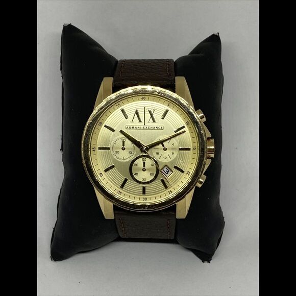 Armani Exchange AX2099 Men Brown Leather Analog Champagne Dial Wrist Watch UC296 - Picture 1 of 12
